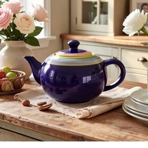 Vintage‎ Made In Italy Baldelli Pottery Teapot Stripe Cobalt Blue And Yellow 90s